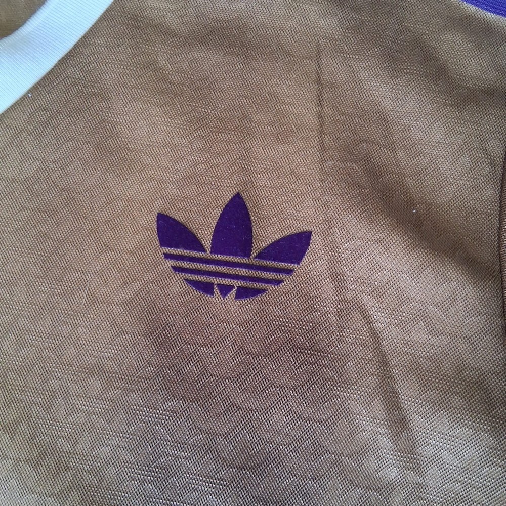Adidas Tan V-Neck Shirt with Purple Stripes - Picture 7 of 8